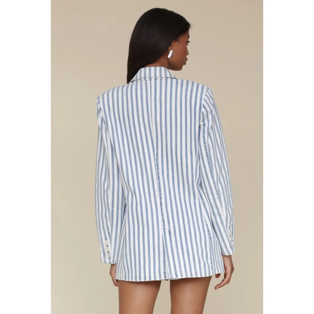 New Avec Les Filles Striped Cotton Blazer Blue White XS $149 - Picture 5 of 8